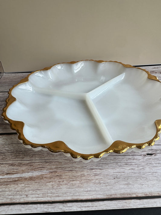 Vintage Milk Glass Dish with Gold Trim – Scalloped Divided Dish
