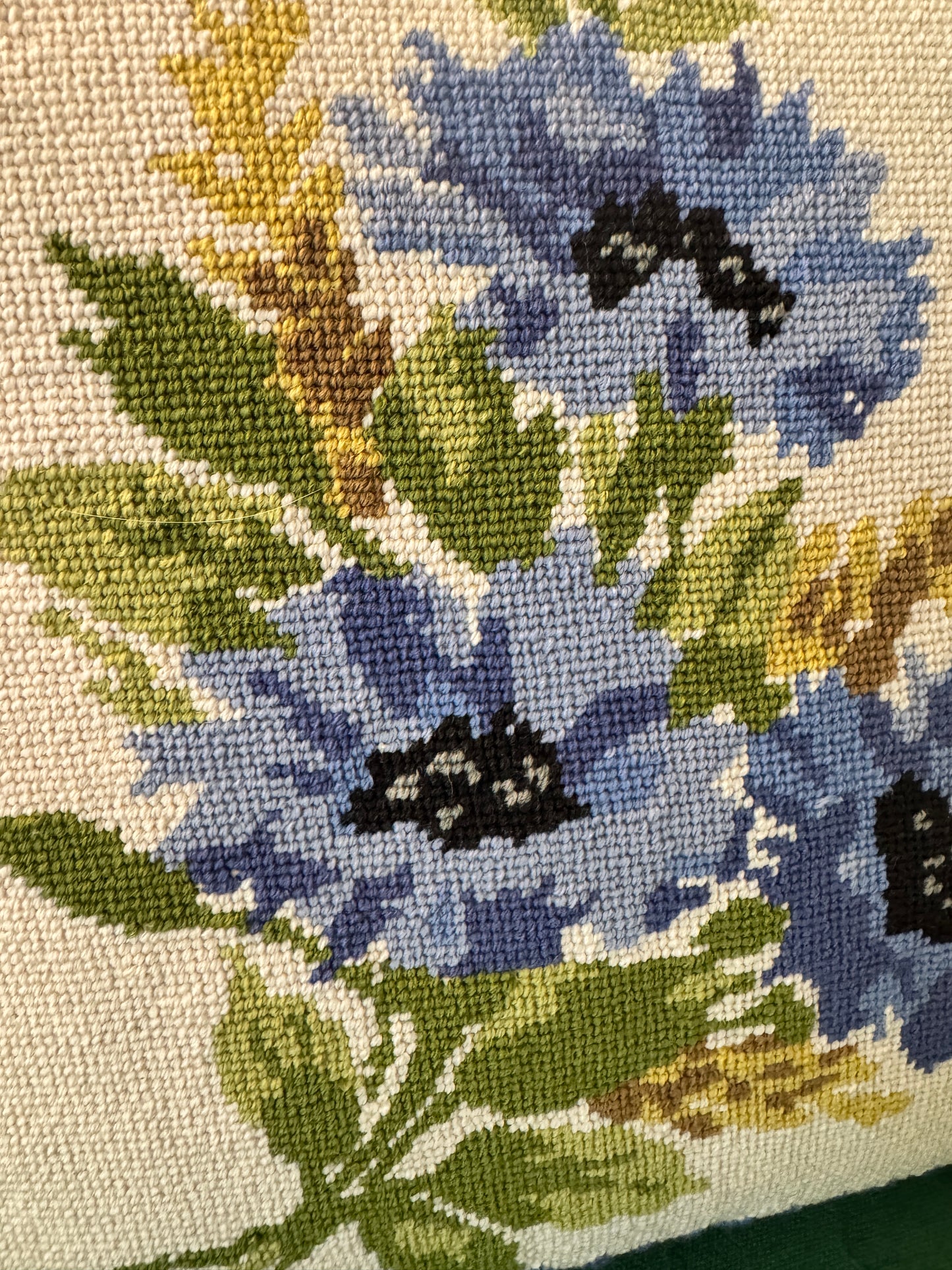 Vintage 1976 Minerva Blue Floral Needlepoint Pillow – 14” Square