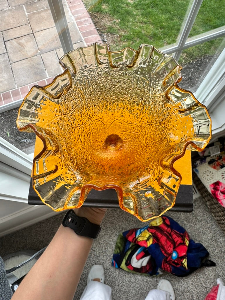 Fenton Tree of Life Amber Glass Compote – Ruffled Edge