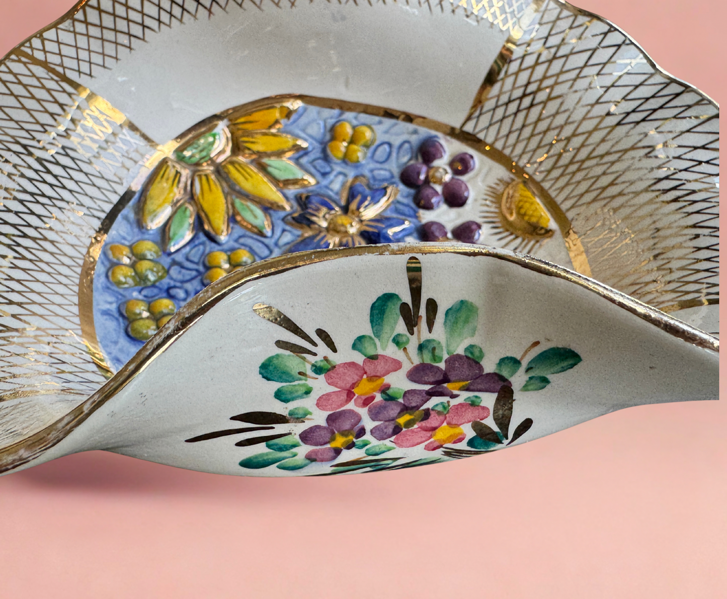 Vintage Belgium Ceramic Floral Leaf Dishes – Pair (Hand-Painted, Gold Lattice)