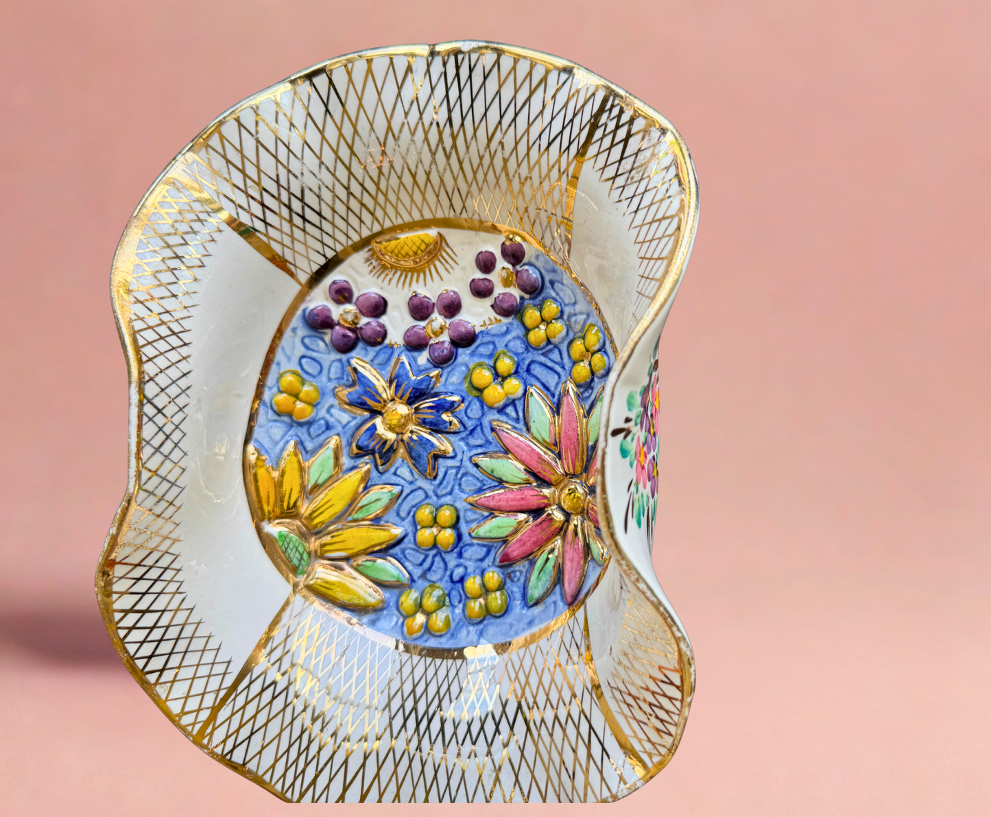 Vintage Belgium Ceramic Floral Leaf Dishes – Pair (Hand-Painted, Gold Lattice)