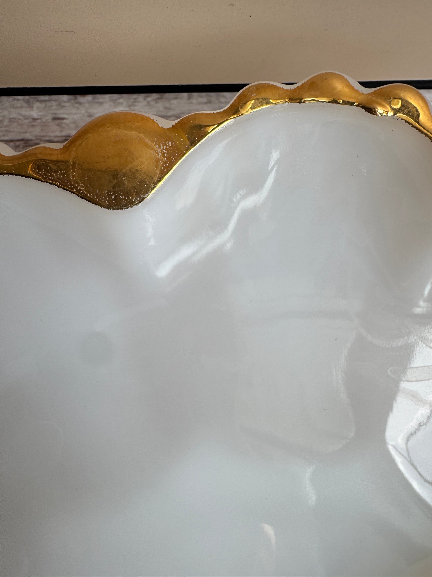 Vintage Milk Glass Dish with Gold Trim – Scalloped Divided Dish