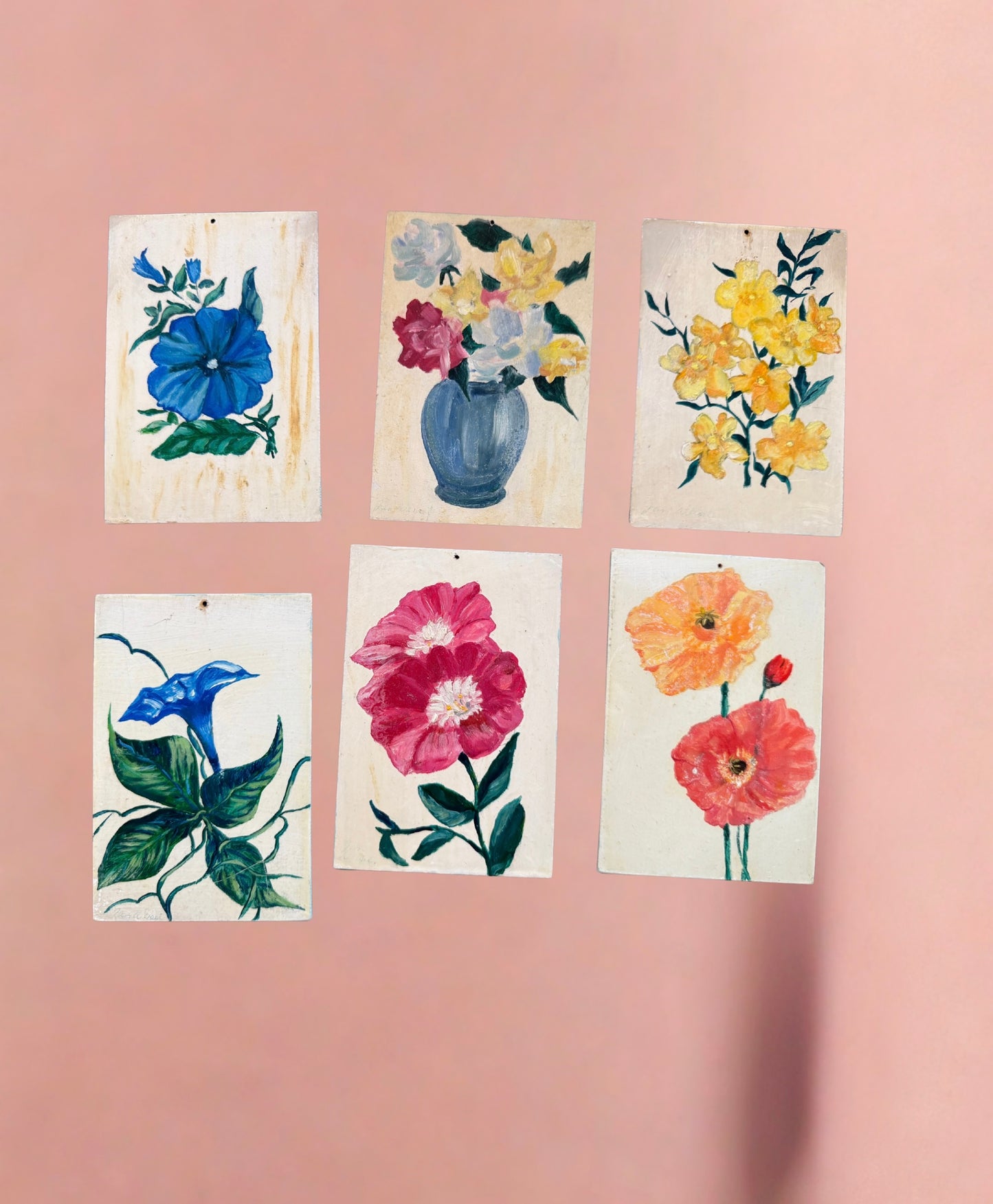 Hand-Painted Vintage Floral Wall Art – Set of 6 Panels with Framed Folk Charm