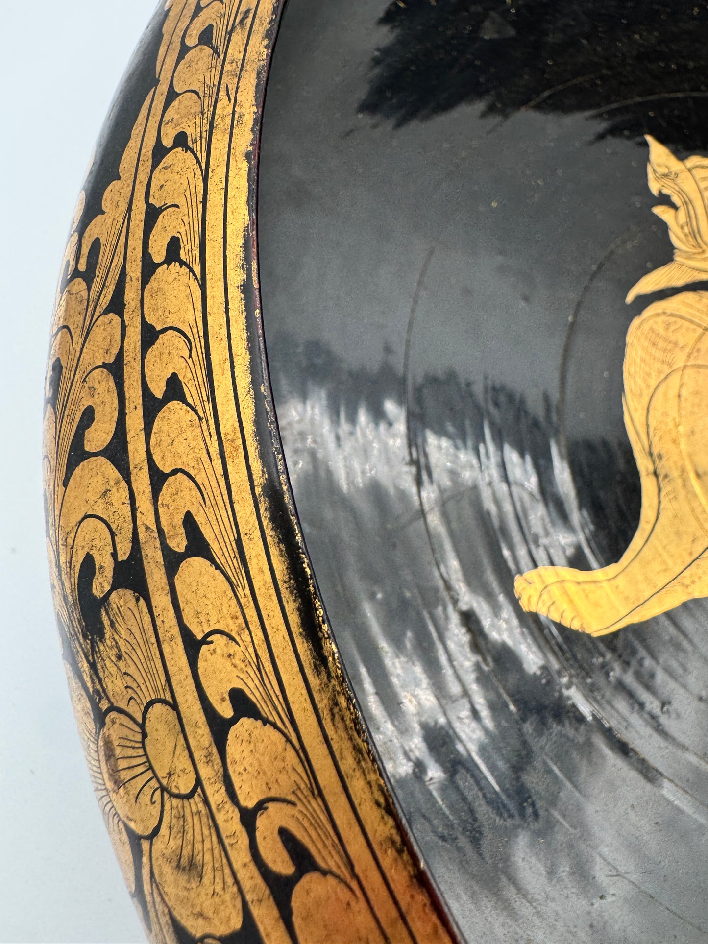 Burmese Black Lacquer Bowl with Chinthe Motif - Hand-Painted Gold Asian Art