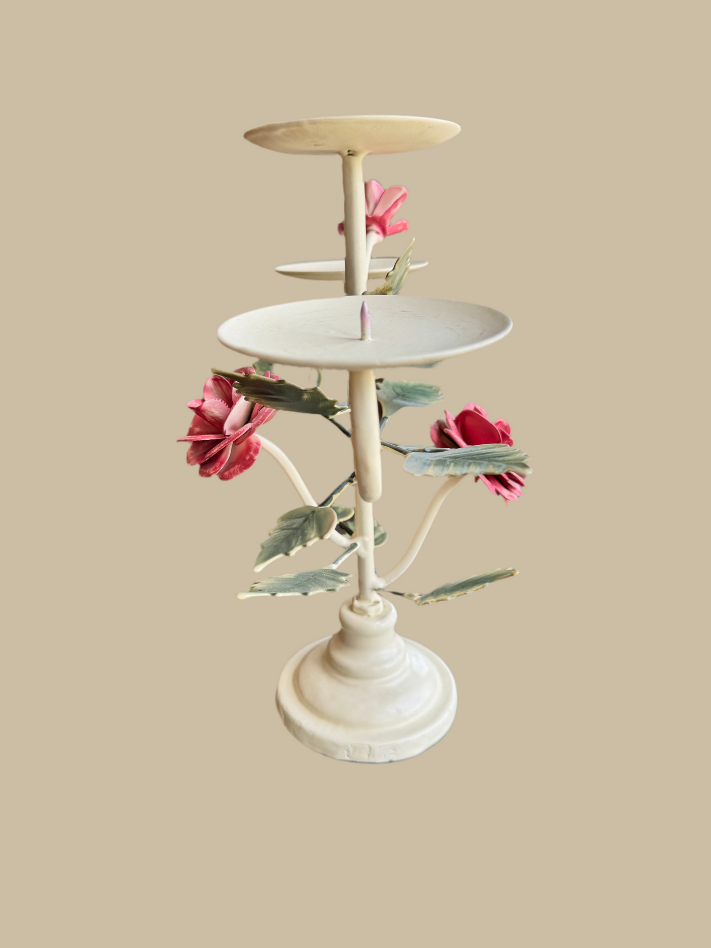 Hand-painted Italian Toleware Floral Candlestick – Vintage White Metal Roses & Leaves
