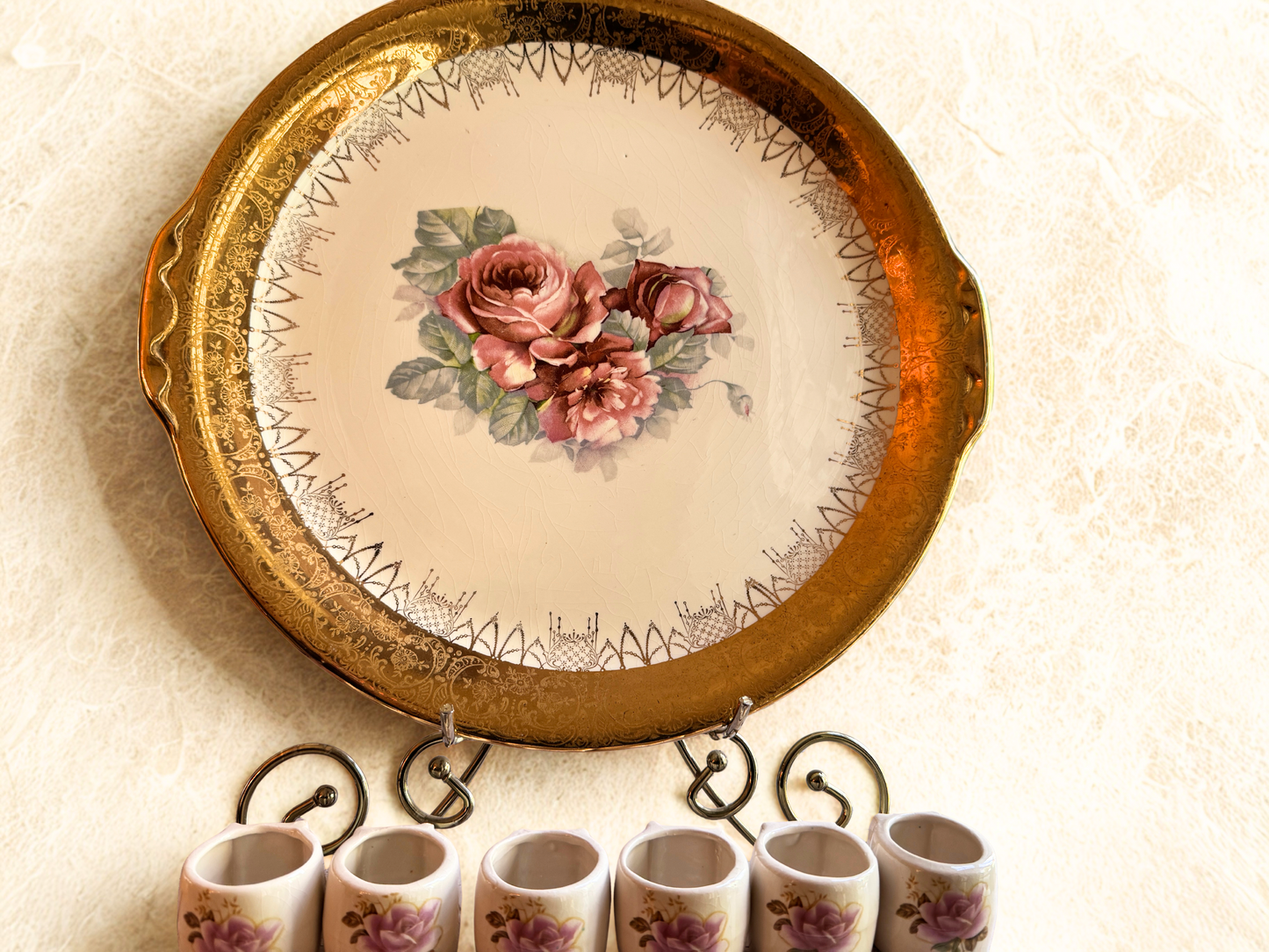 Curated Vintage Ceramic Platter & Napkin Ring Set – 22k Gold Rim + Crazed Glaze