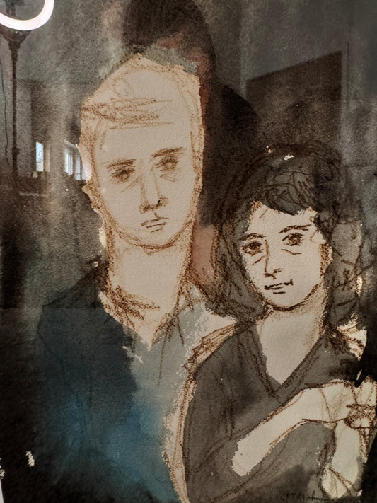 Signed Joni T. Johnson Watercolor – Couple Portrait (Indiana Artist, 1934–1988)