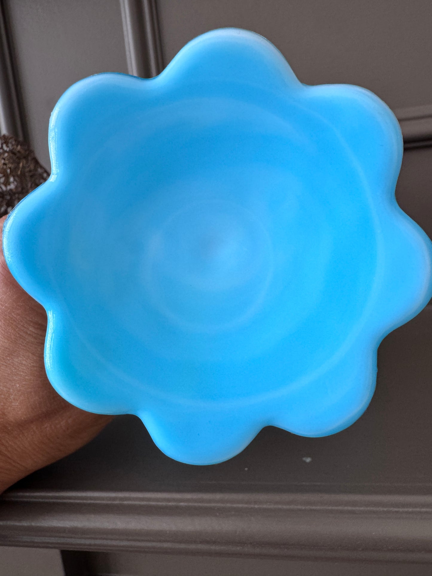 Fenton Blue Slag Glass Cabbage Rose Compote – Vintage Ruffled Pedestal Bowl