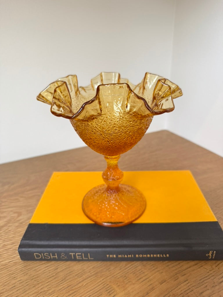 Fenton Tree of Life Amber Glass Compote – Ruffled Edge