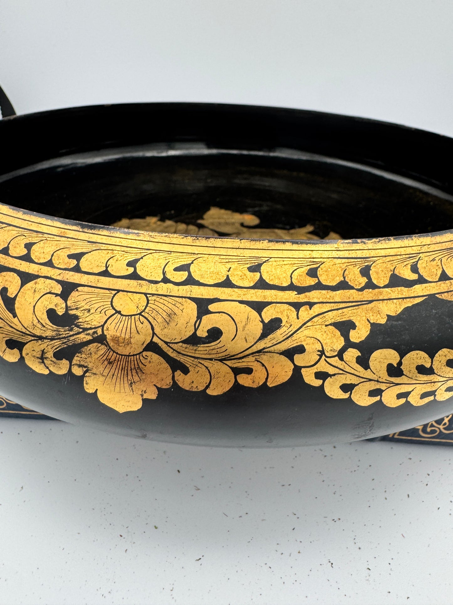 Burmese Black Lacquer Bowl with Chinthe Motif - Hand-Painted Gold Asian Art