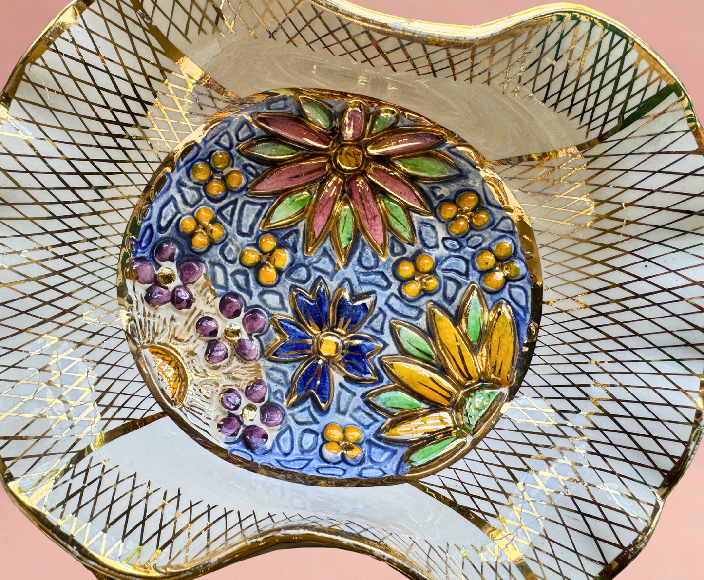 Vintage Belgium Ceramic Floral Leaf Dishes – Pair (Hand-Painted, Gold Lattice)