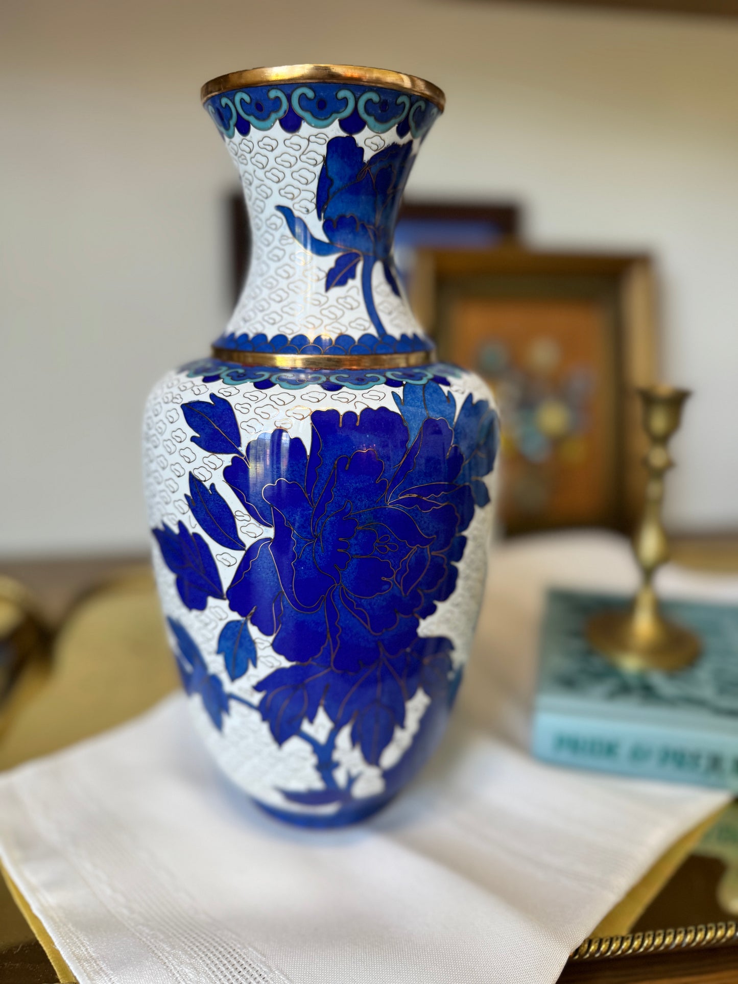 Vintage Blue & White Cloisonne Vase – 10.25” Floral Enamel with Brass Accents