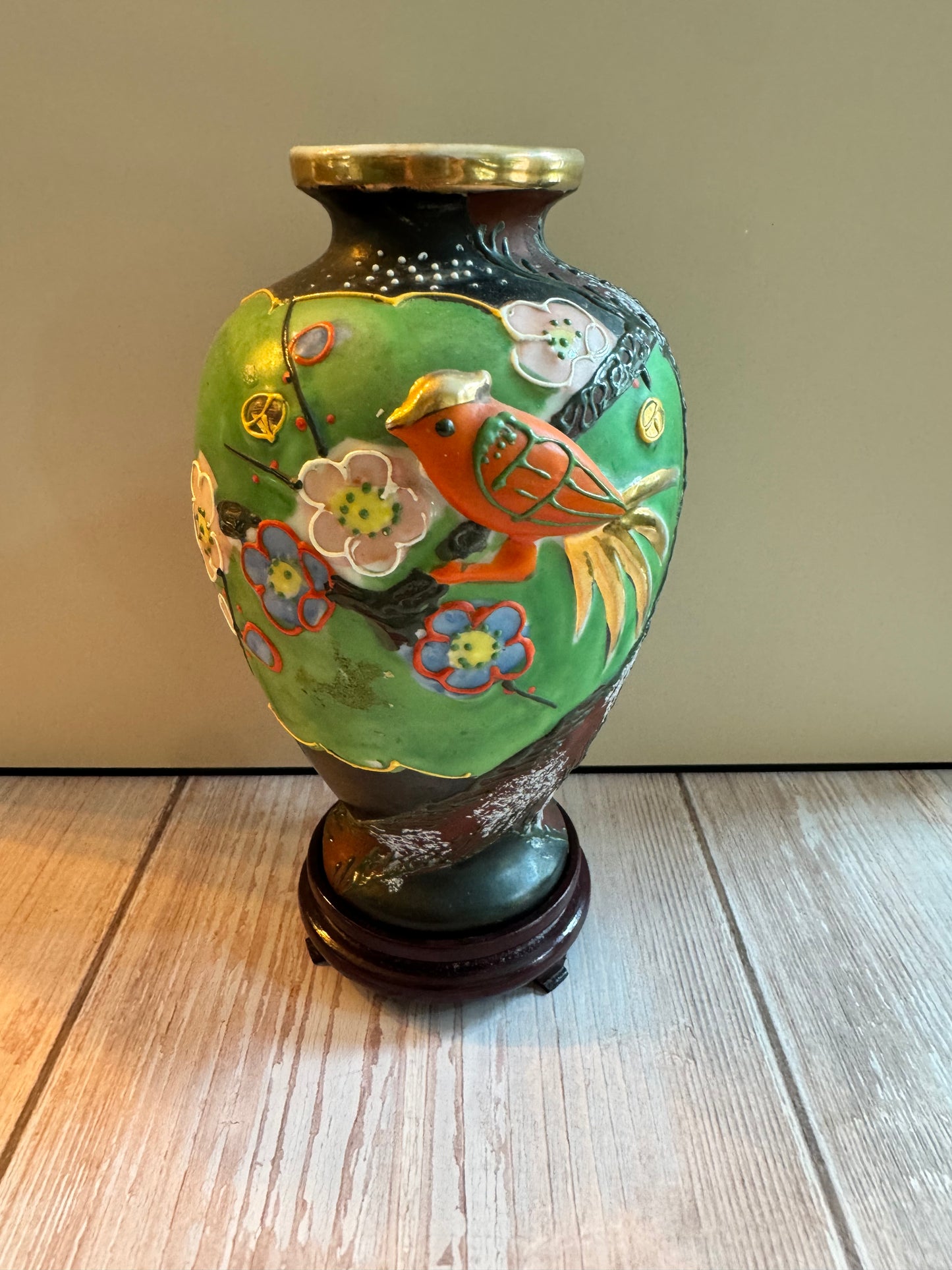 Mid-Century Japanese Green Vase with Mountain & Floral Scene – Hand-Painted, 6.5”