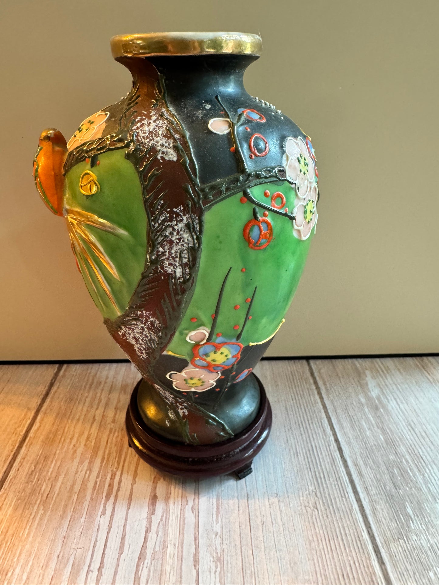 Mid-Century Japanese Green Vase with Mountain & Floral Scene – Hand-Painted, 6.5”