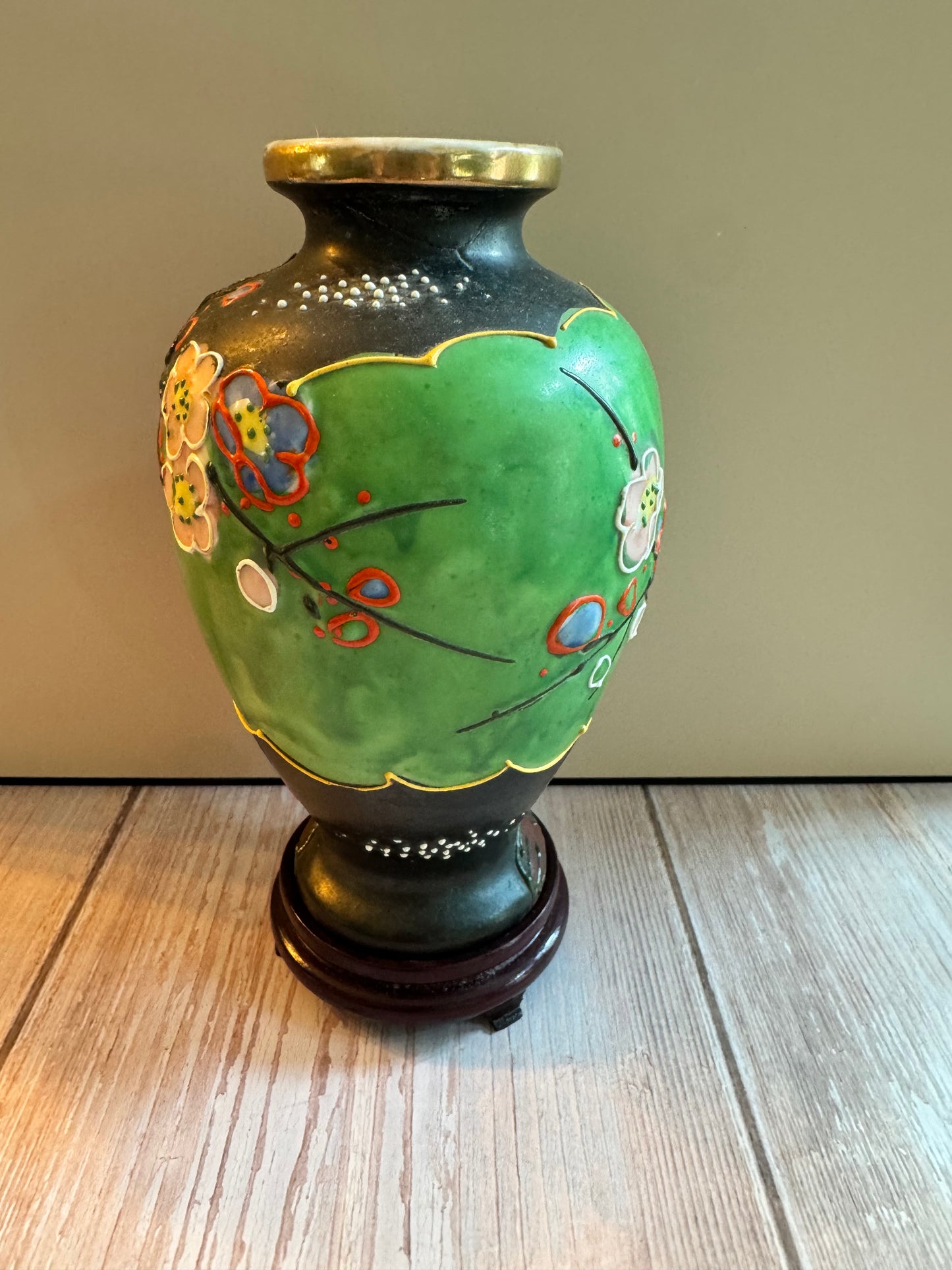 Mid-Century Japanese Green Vase with Mountain & Floral Scene – Hand-Painted, 6.5”