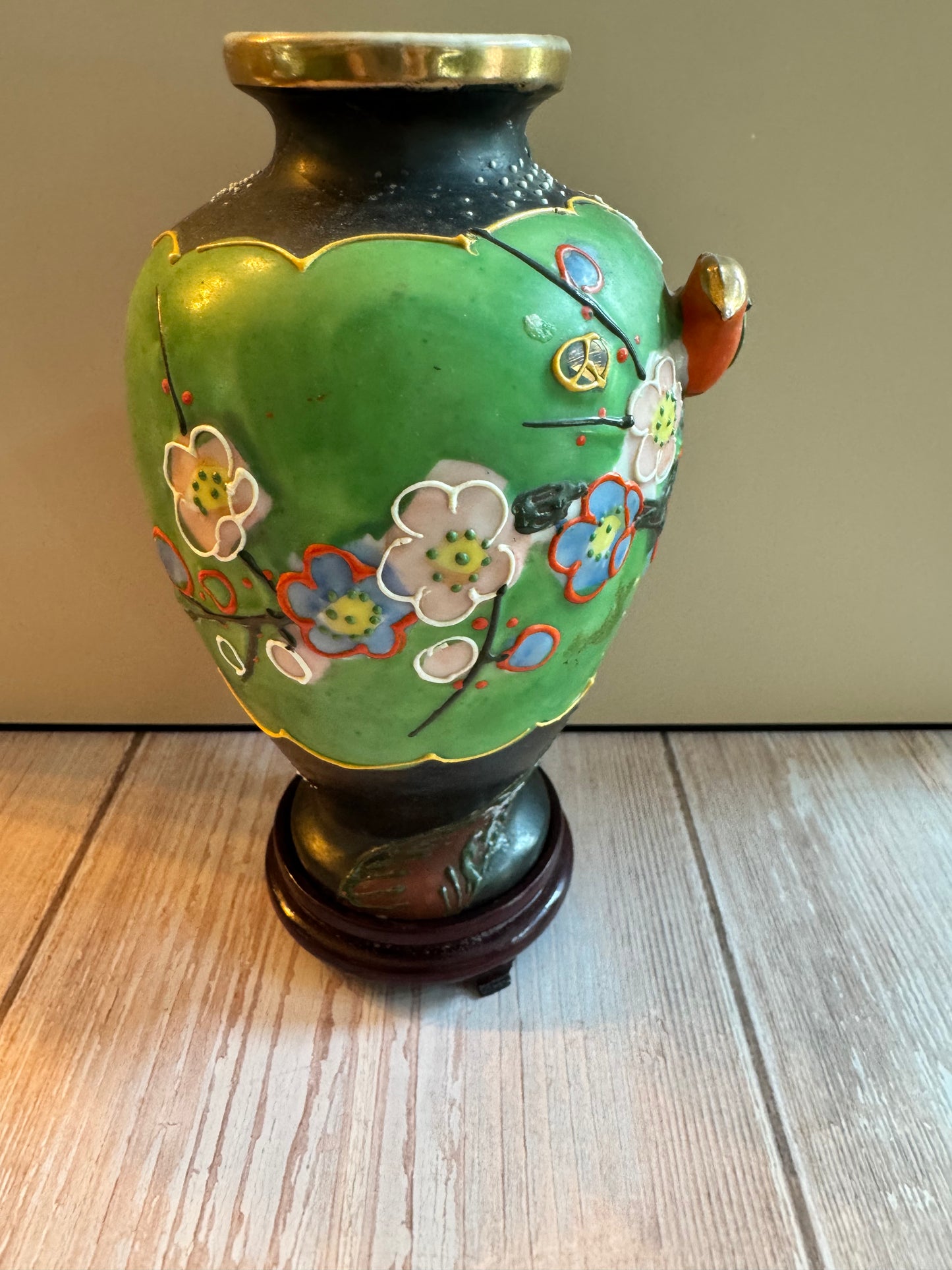 Mid-Century Japanese Green Vase with Mountain & Floral Scene – Hand-Painted, 6.5”