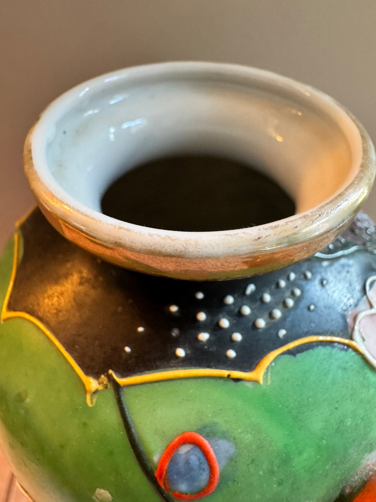 Mid-Century Japanese Green Vase with Mountain & Floral Scene – Hand-Painted, 6.5”