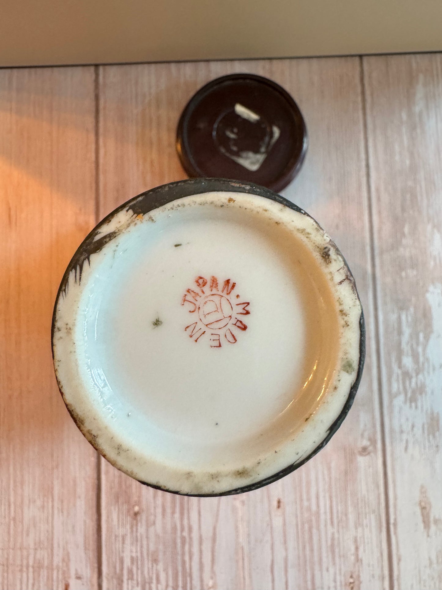 Mid-Century Japanese Green Vase with Mountain & Floral Scene – Hand-Painted, 6.5”