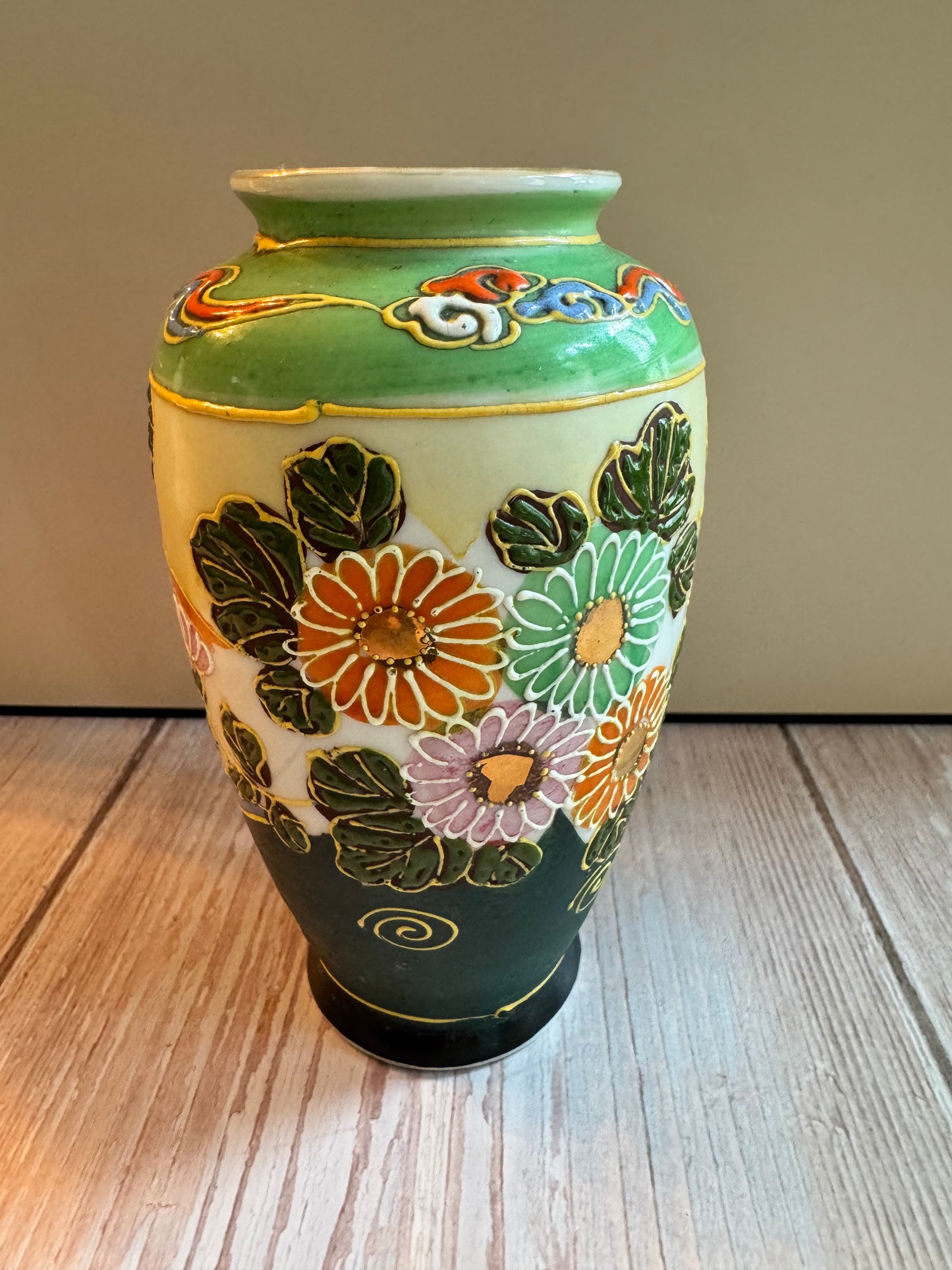 Mid-Century Japanese Green Vase with Hand-Painted Floral Design – 5.25”