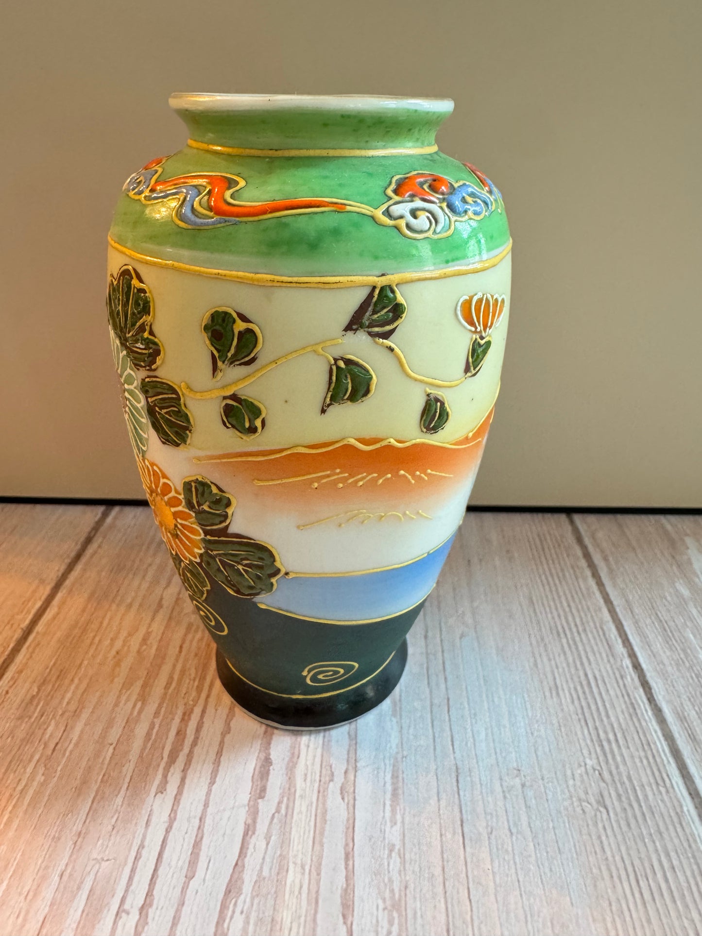 Mid-Century Japanese Green Vase with Hand-Painted Floral Design – 5.25”