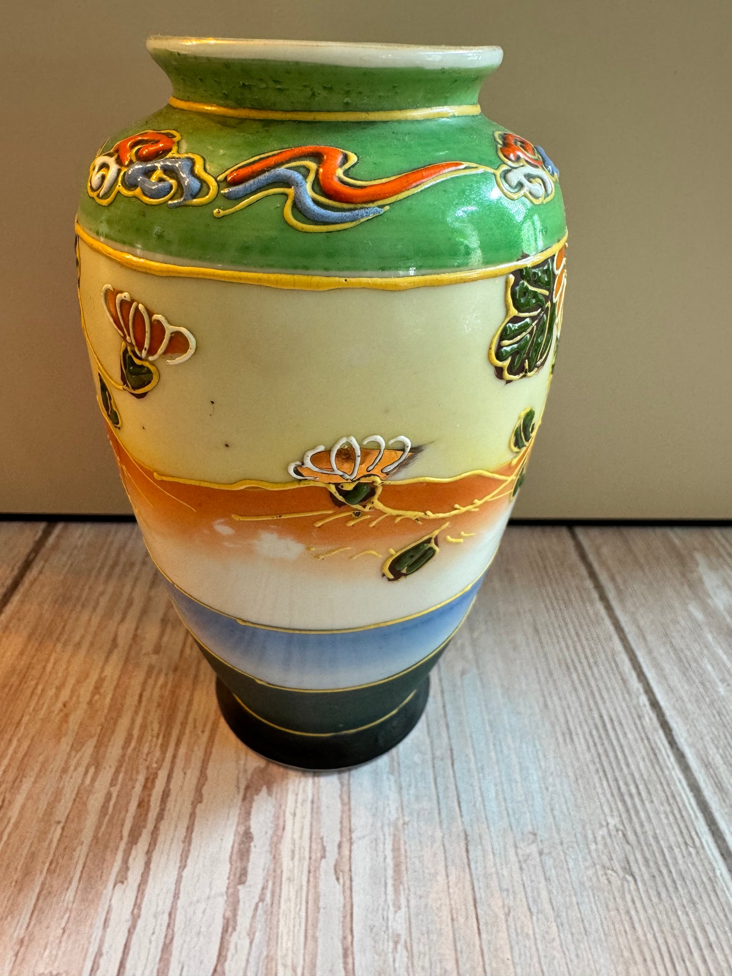 Mid-Century Japanese Green Vase with Hand-Painted Floral Design – 5.25”