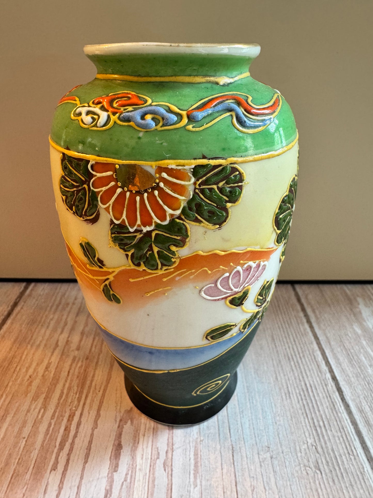 Mid-Century Japanese Green Vase with Hand-Painted Floral Design – 5.25”