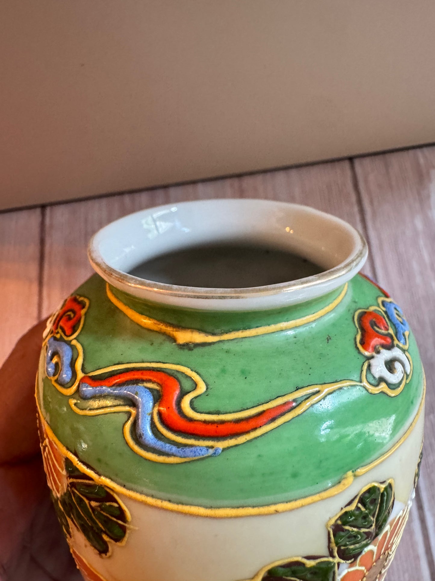 Mid-Century Japanese Green Vase with Hand-Painted Floral Design – 5.25”