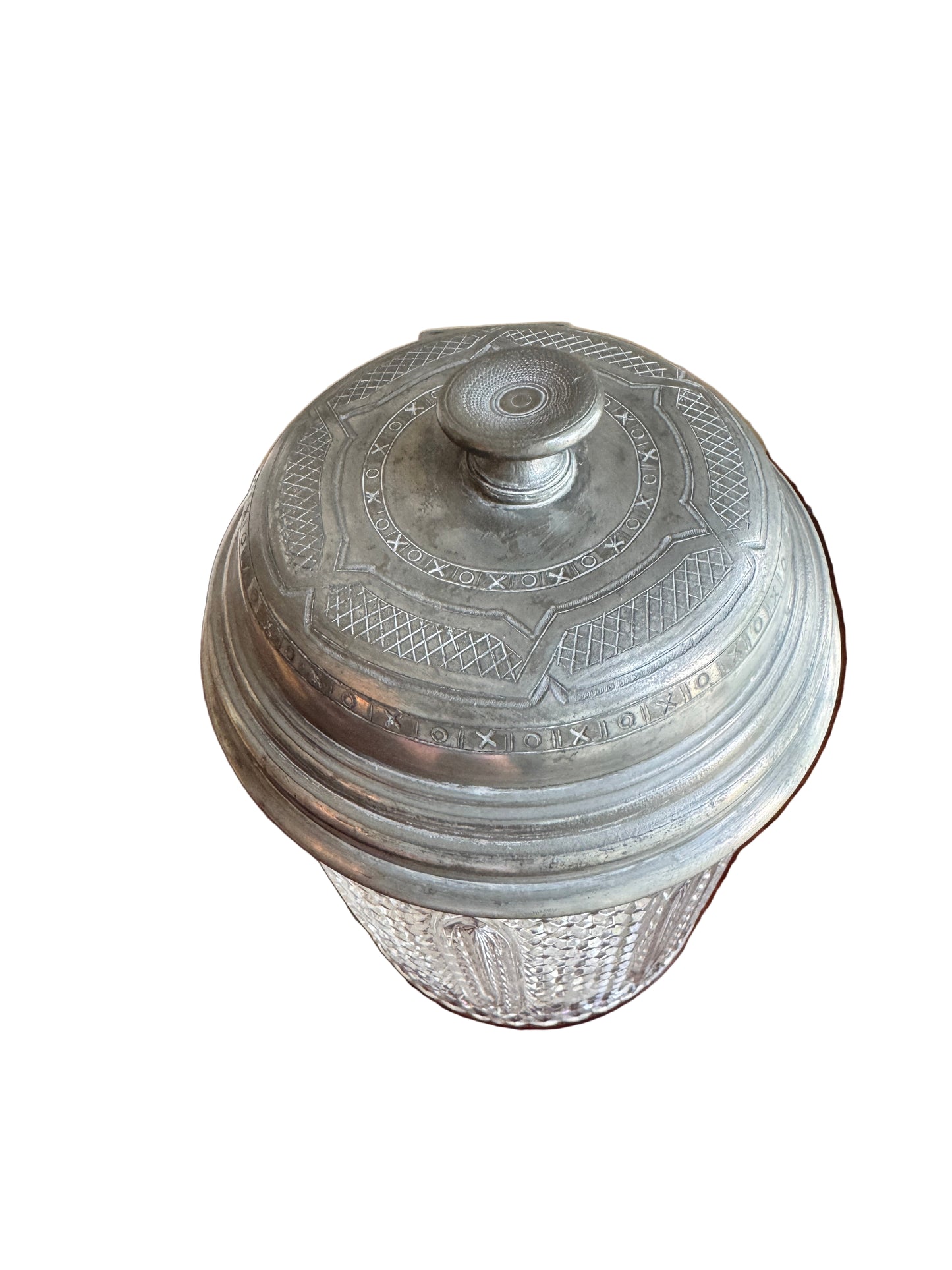 Antique 1871 Pressed Glass Jar with Pewter Lid - Victorian Era Kitchenware, 8"