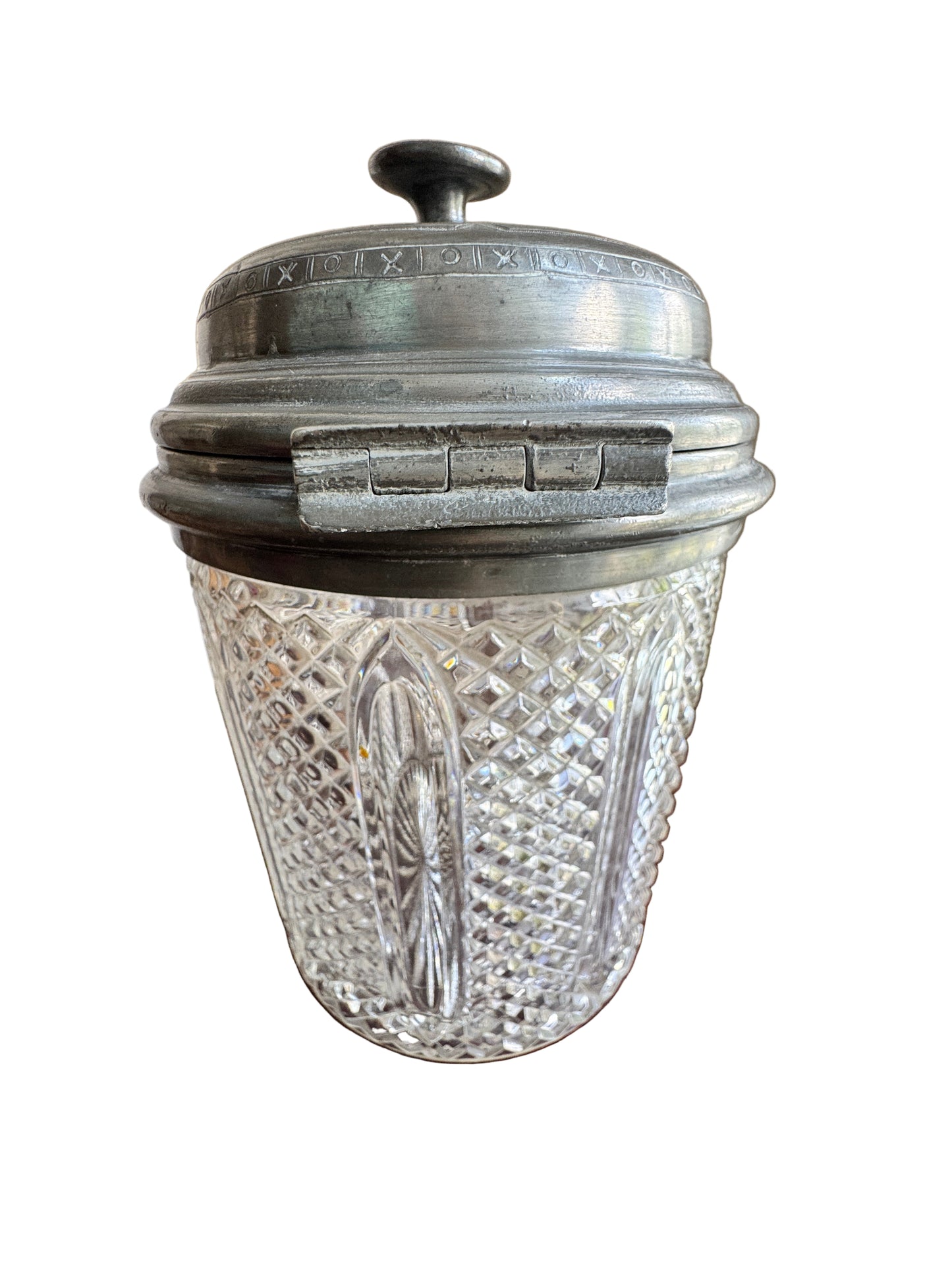 Antique 1871 Pressed Glass Jar with Pewter Lid - Victorian Era Kitchenware, 8"