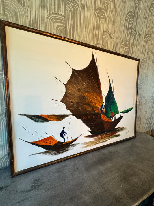 Vintage Signed Painting by Chiang – Sailboat Scene with Bamboo Frame