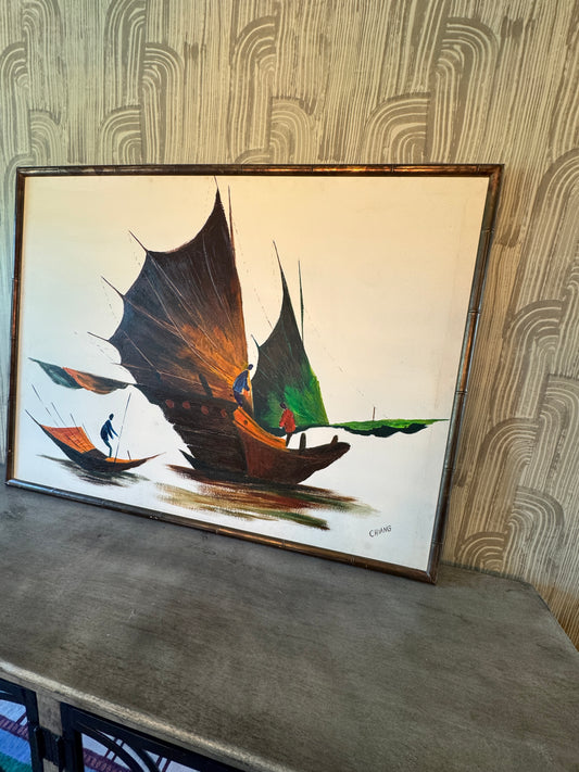 Vintage Signed Painting by Chiang – Sailboat Scene with Bamboo Frame