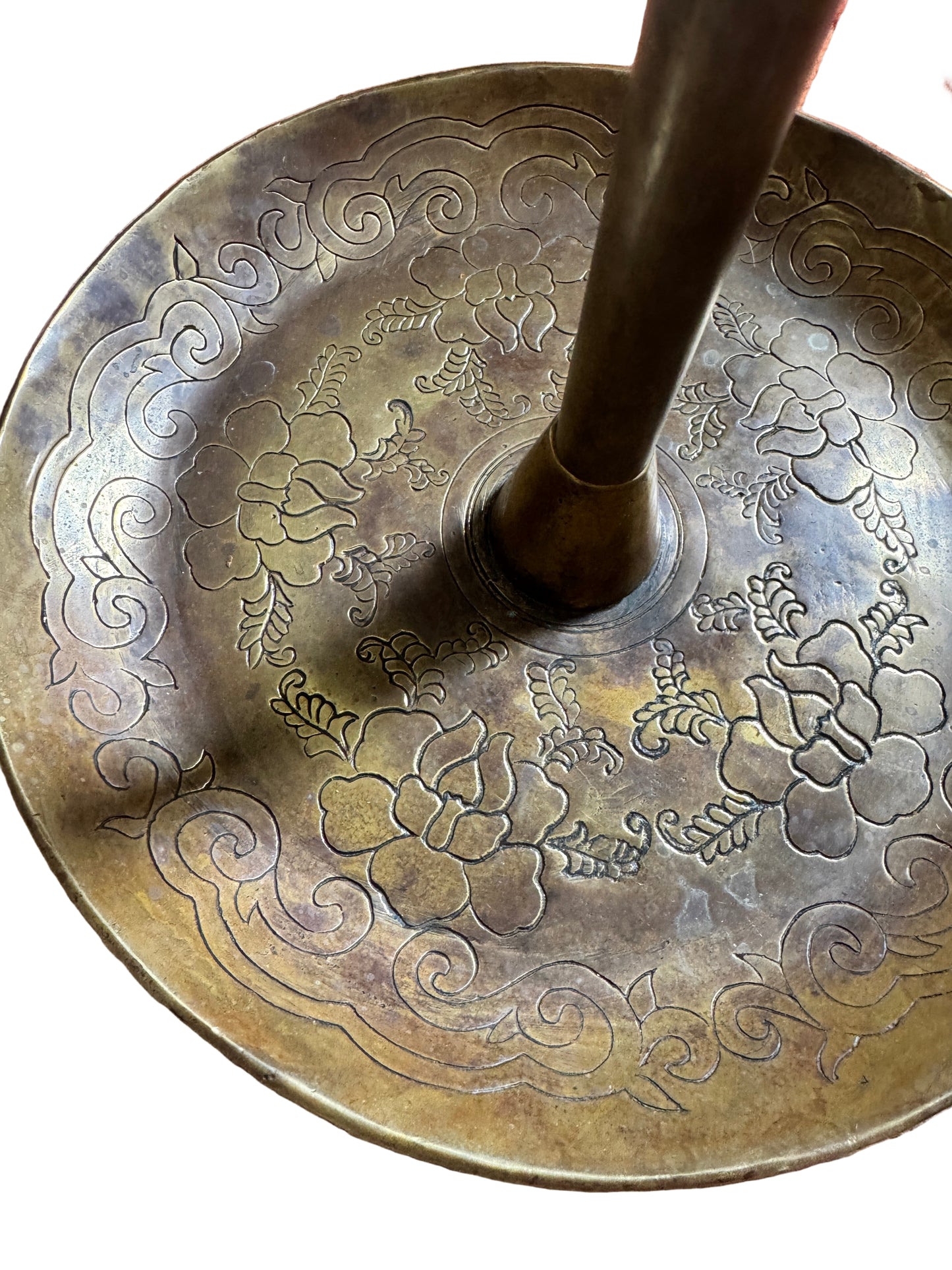 Korean Brass Candlestick with Longevity Symbol & Butterfly Motif – Antique Asian Décor