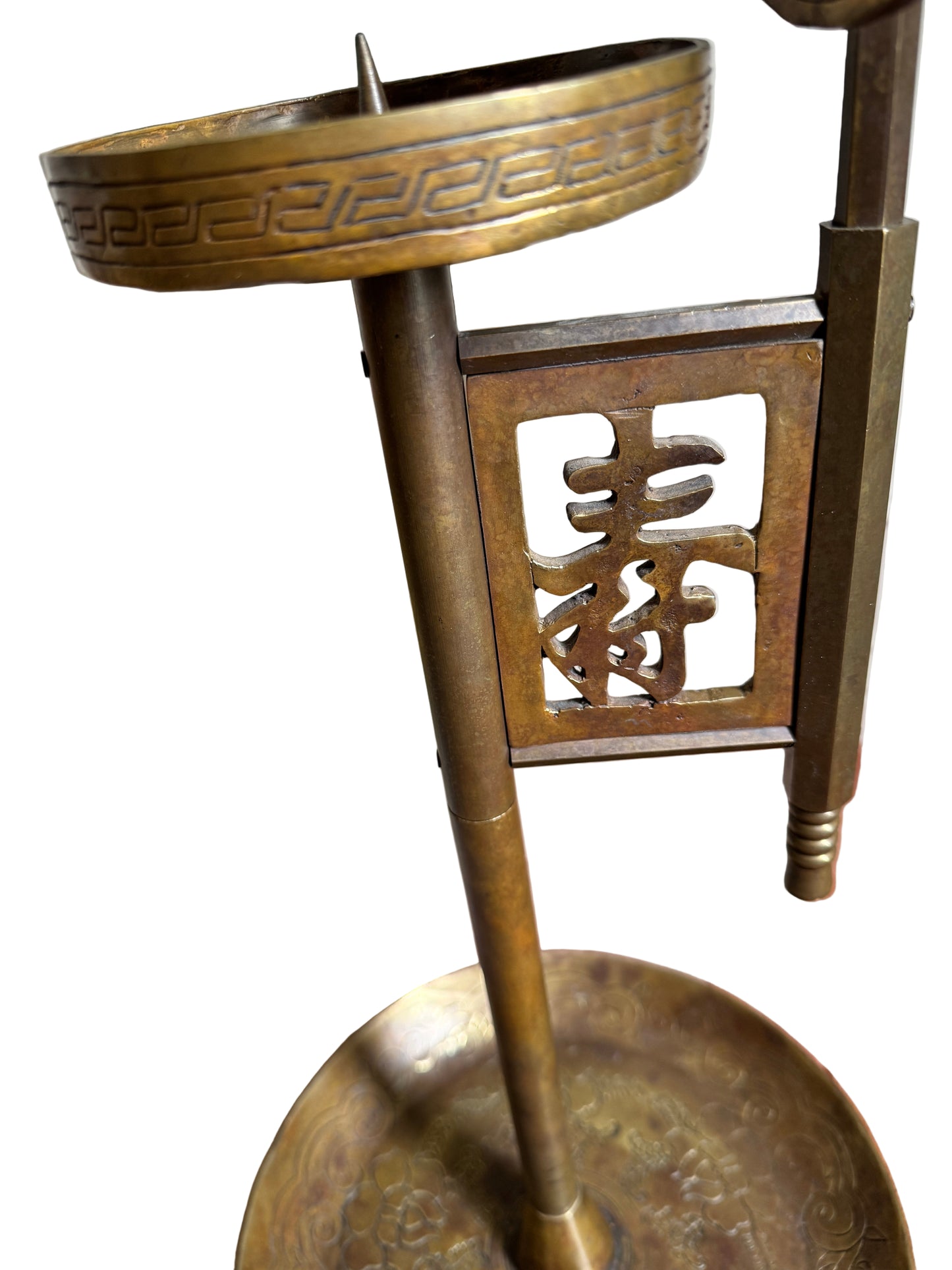 Korean Brass Candlestick with Longevity Symbol & Butterfly Motif – Antique Asian Décor