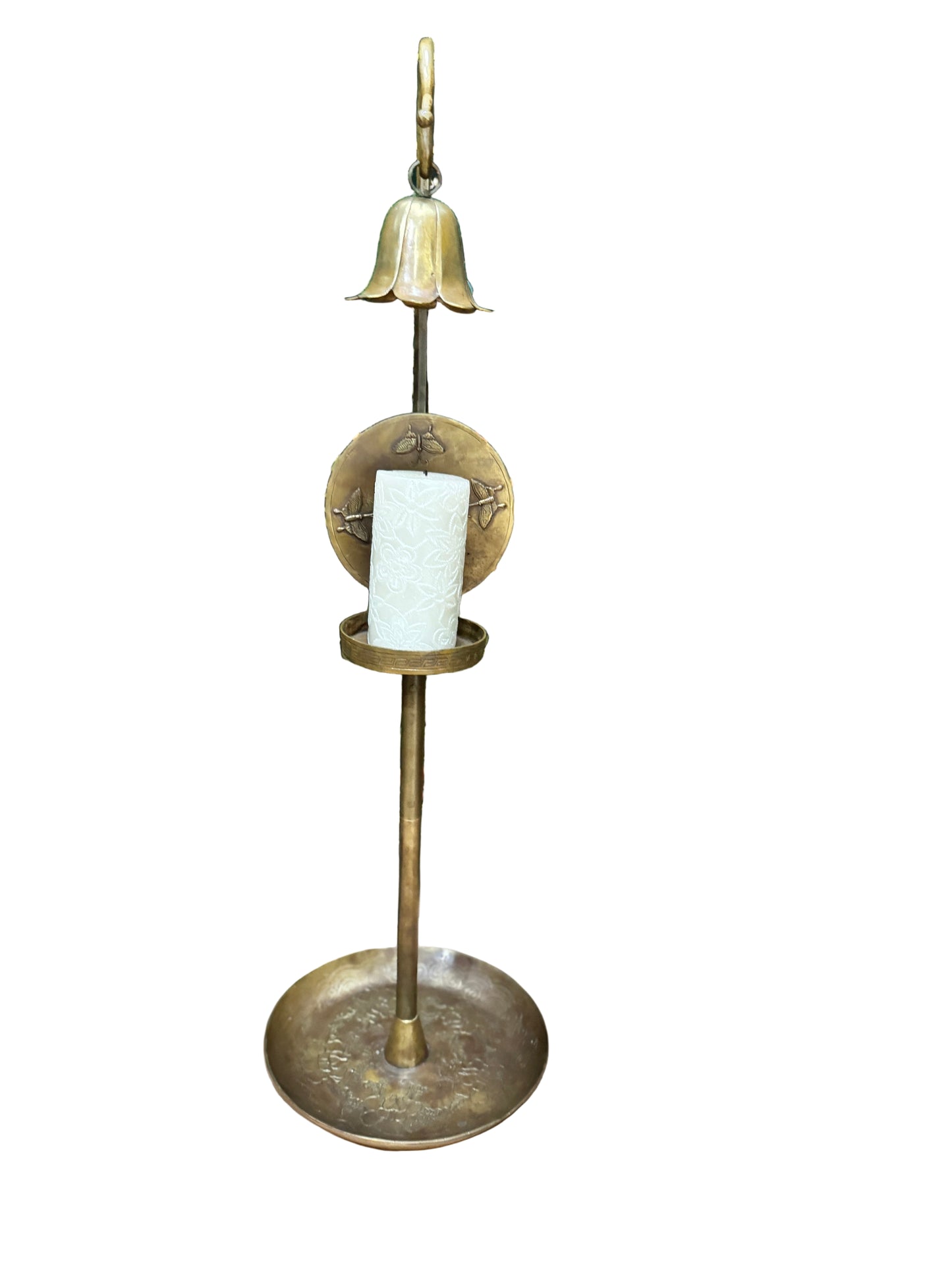 Korean Brass Candlestick with Longevity Symbol & Butterfly Motif – Antique Asian Décor