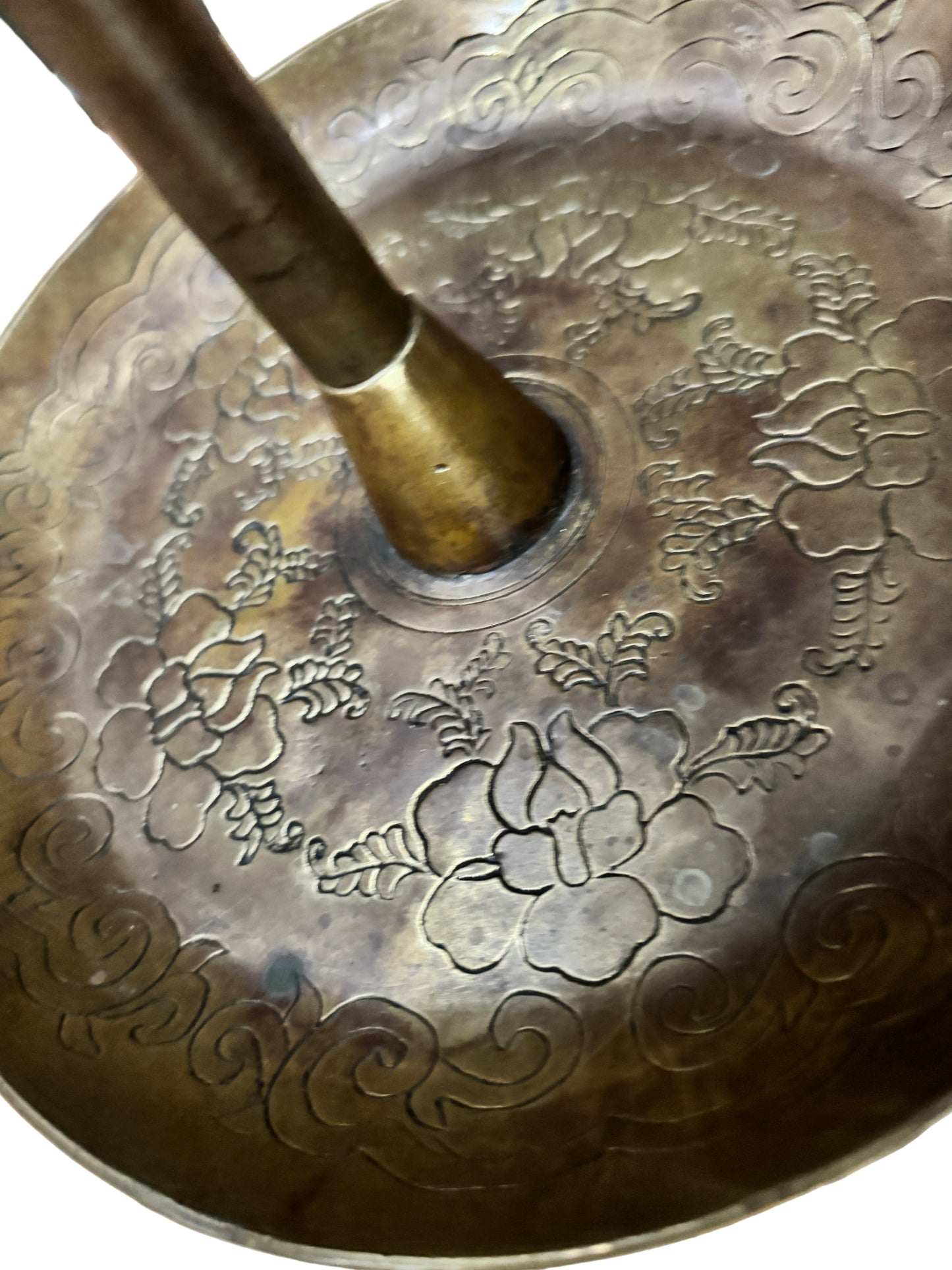 Korean Brass Candlestick with Longevity Symbol & Butterfly Motif – Antique Asian Décor