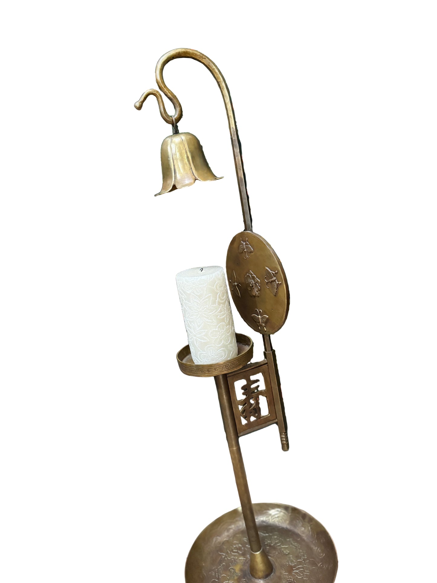 Korean Brass Candlestick with Longevity Symbol & Butterfly Motif – Antique Asian Décor