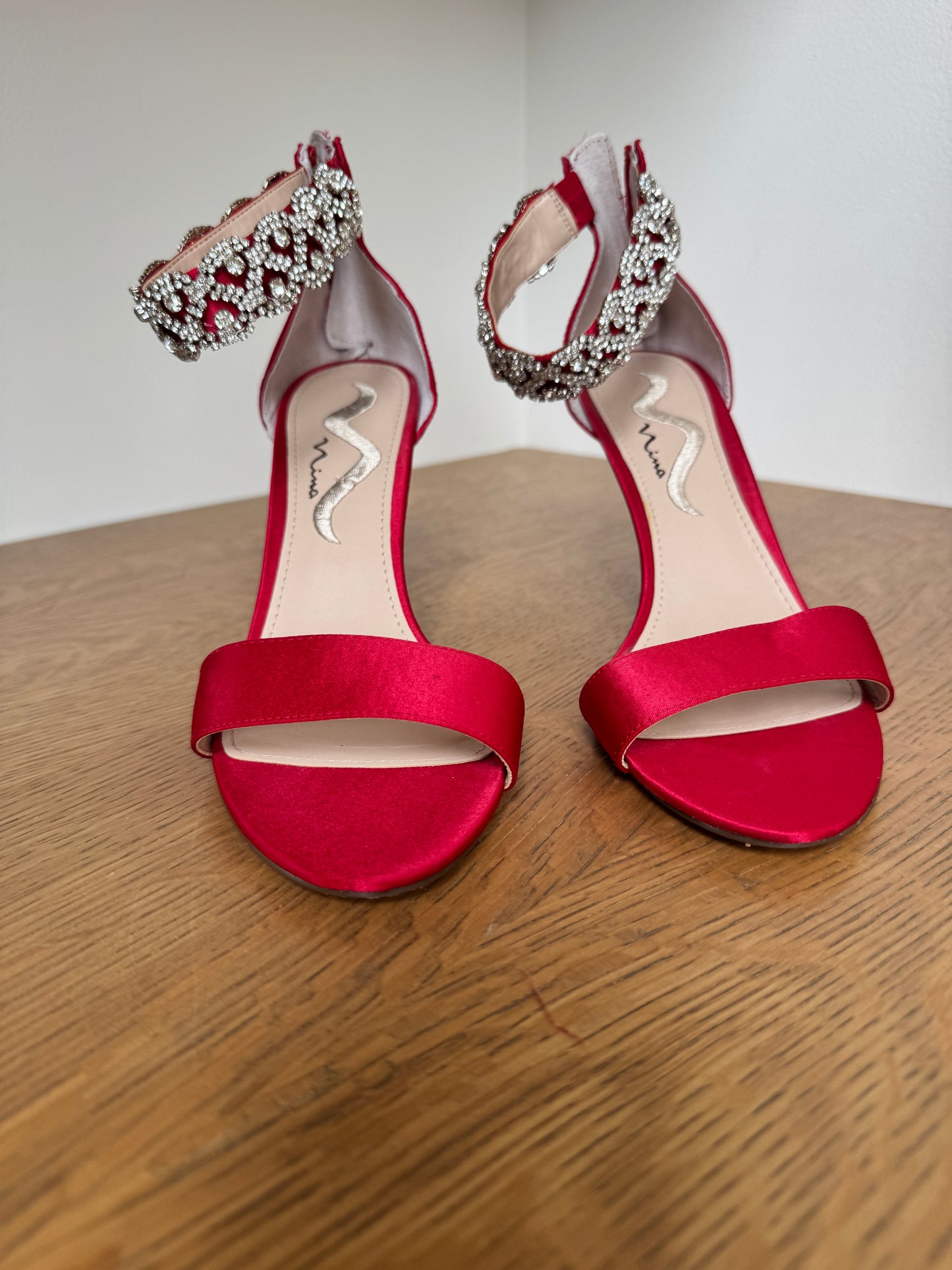 Nina Red Satin Heels with Rhinestone Ankle Strap – Size 8