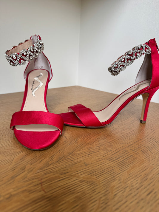 Nina Red Satin Heels with Rhinestone Ankle Strap – Size 8