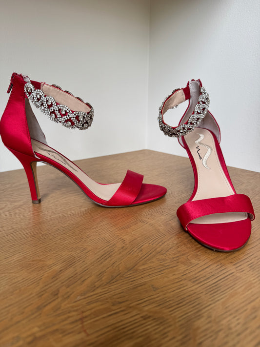Nina Red Satin Heels with Rhinestone Ankle Strap – Size 8