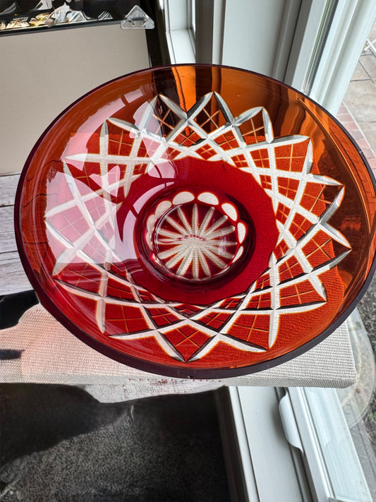 Badash Crystal Ruby Red Cut Glass Flared Pedestal Bowl