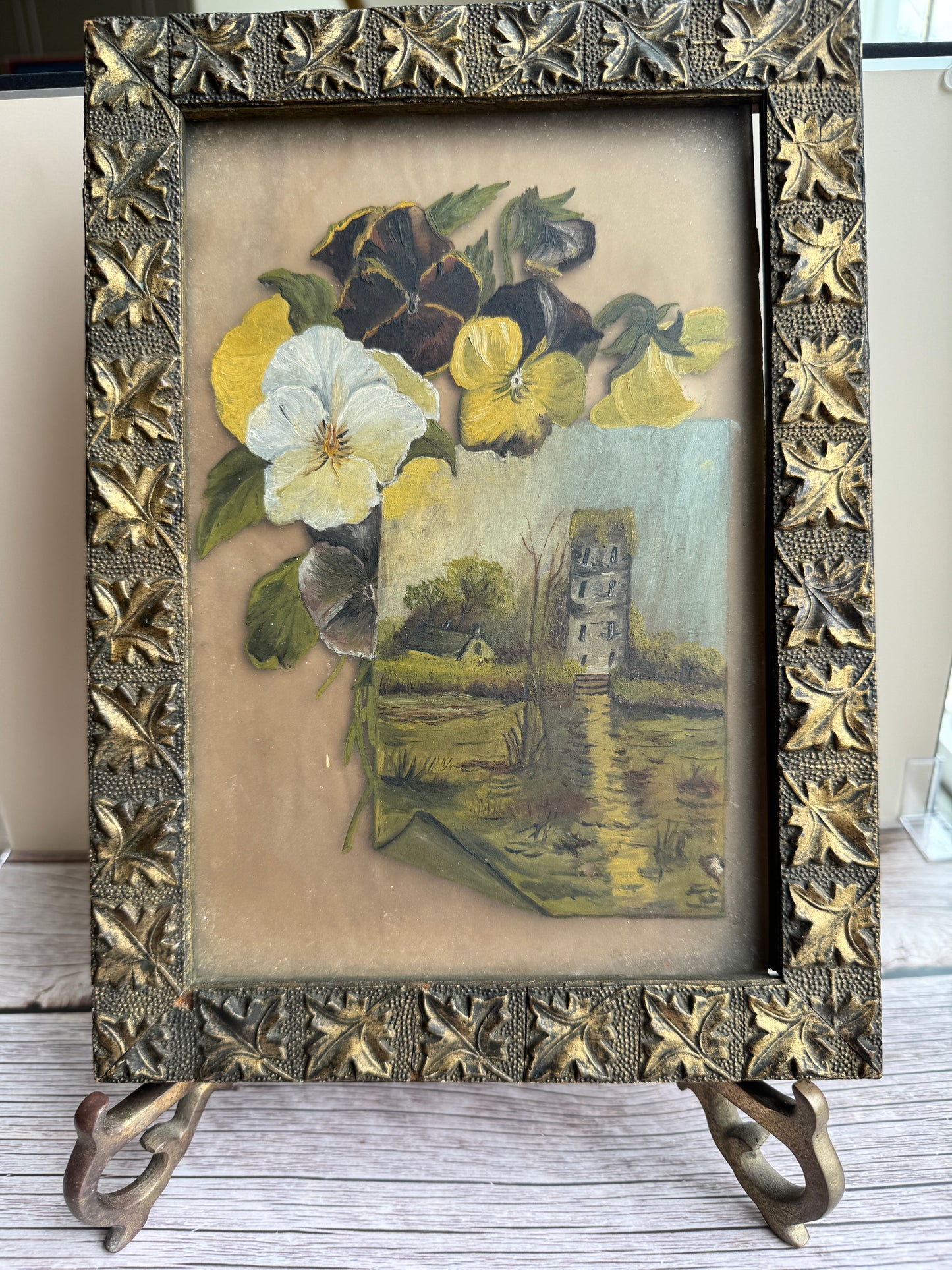 Vintage Mixed Media Pansy and Landscape Painting in Ornate Leaf Relief Frame – Early 20th Century