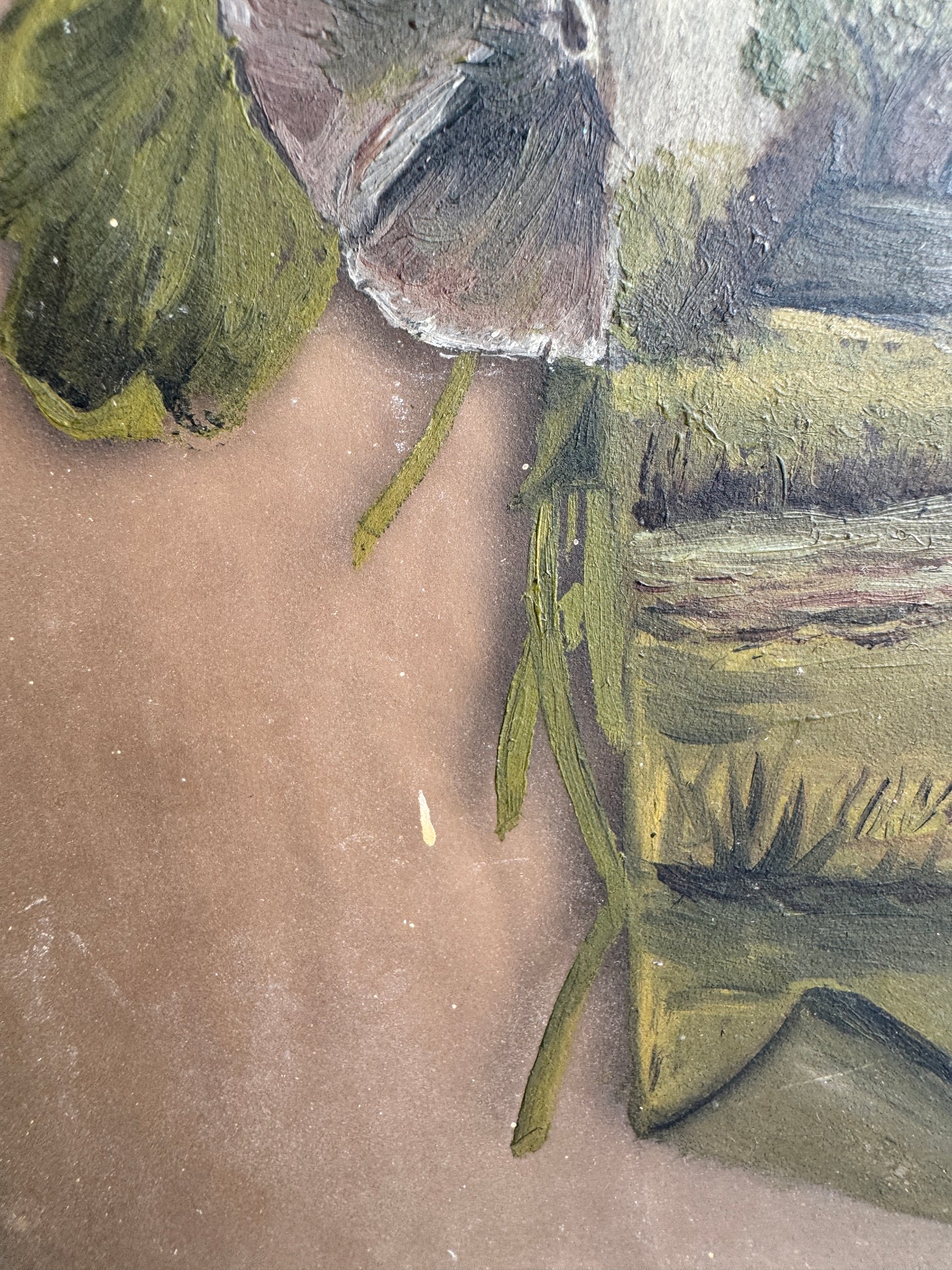 Vintage Mixed Media Pansy and Landscape Painting in Ornate Leaf Relief Frame – Early 20th Century