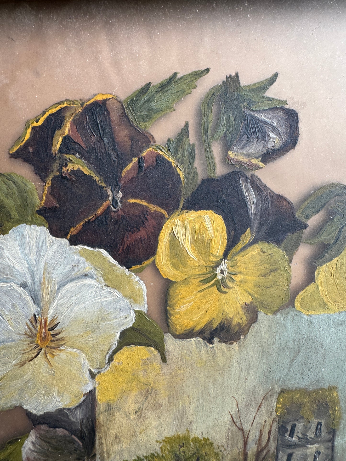 Vintage Mixed Media Pansy and Landscape Painting in Ornate Leaf Relief Frame – Early 20th Century