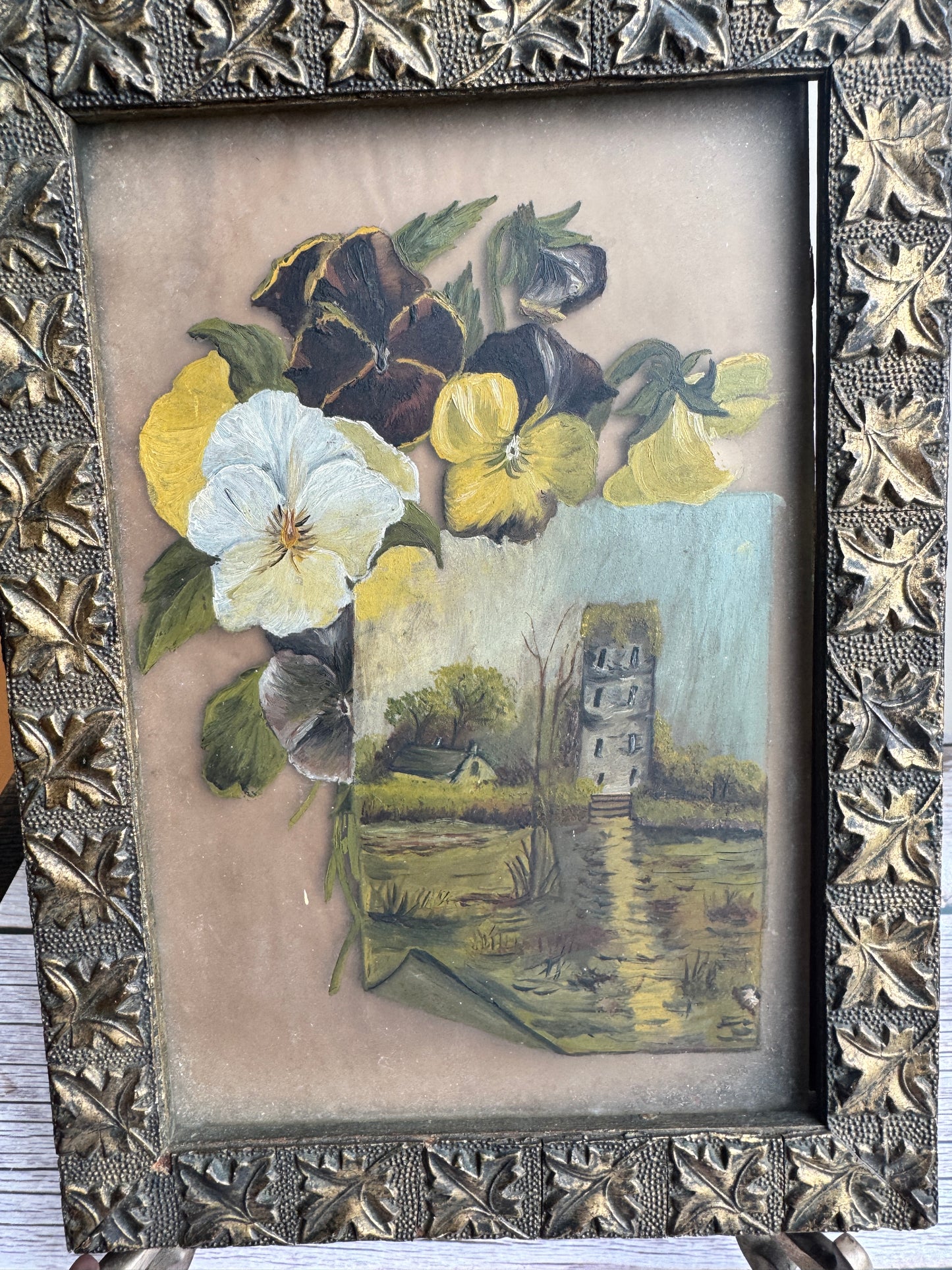 Vintage Mixed Media Pansy and Landscape Painting in Ornate Leaf Relief Frame – Early 20th Century