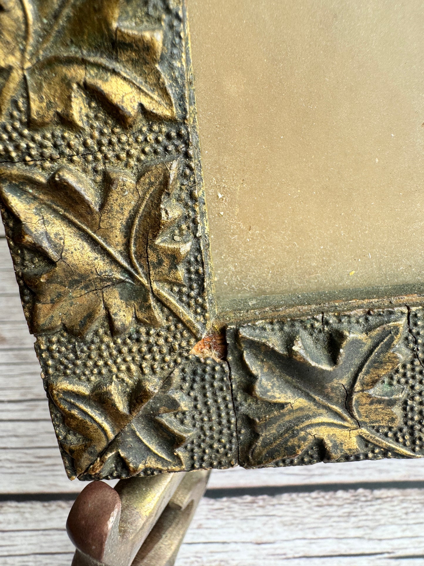Vintage Mixed Media Pansy and Landscape Painting in Ornate Leaf Relief Frame – Early 20th Century