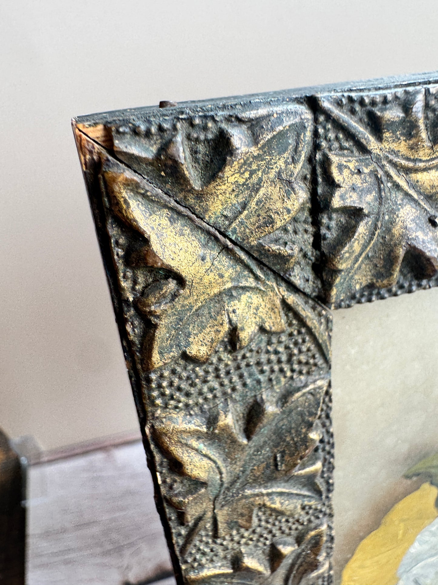 Vintage Mixed Media Pansy and Landscape Painting in Ornate Leaf Relief Frame – Early 20th Century