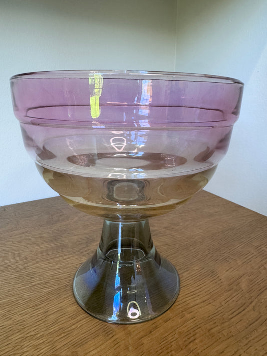 Vintage Iridescent Tri-Color Glass Pedestal Fruit Bowl – Amethyst & Amber Centerpiece (8.5”)