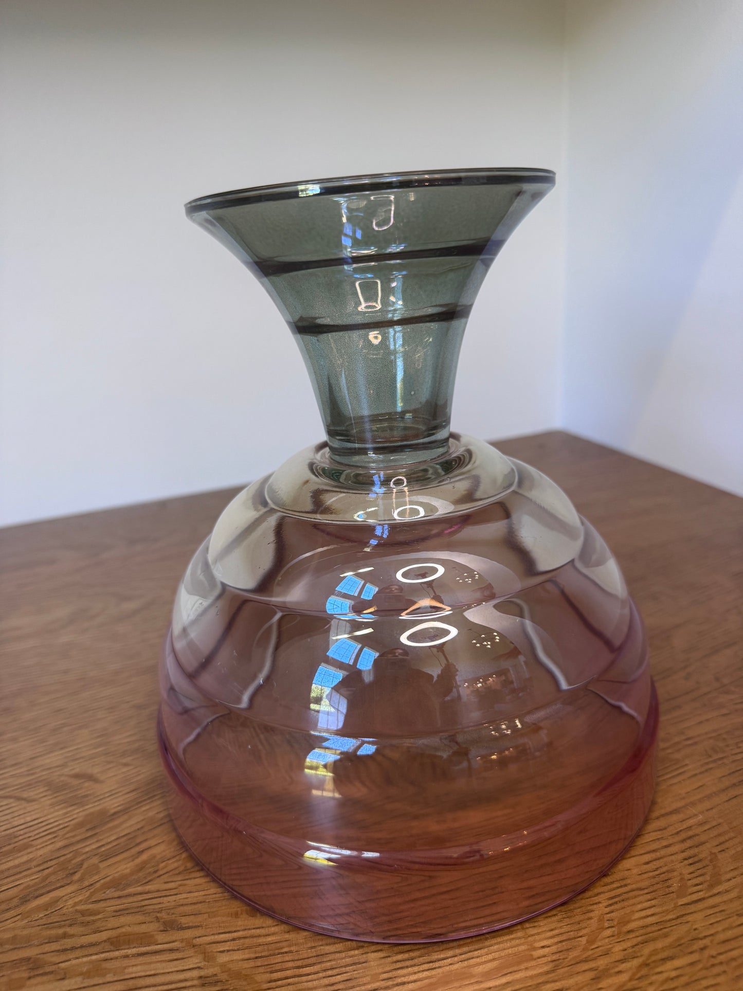 Vintage Iridescent Tri-Color Glass Pedestal Fruit Bowl – Amethyst & Amber Centerpiece (8.5”)