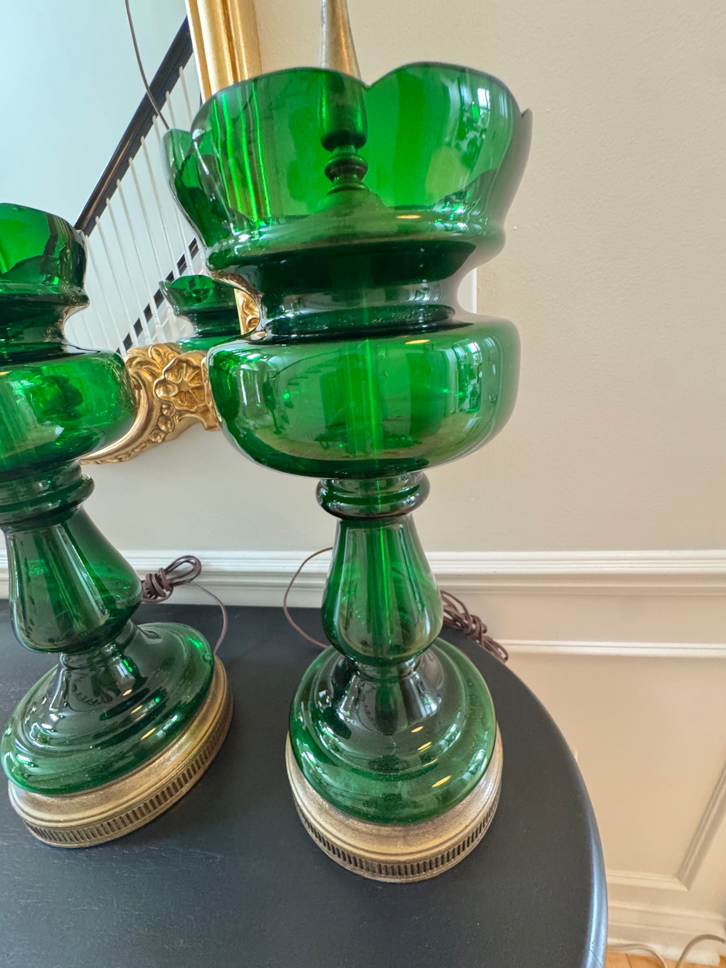 Pair of Vintage Emertald Green Glass Table Lamps with Brass Hardware – 1960s Hollywood Regency Style, 32" Tall