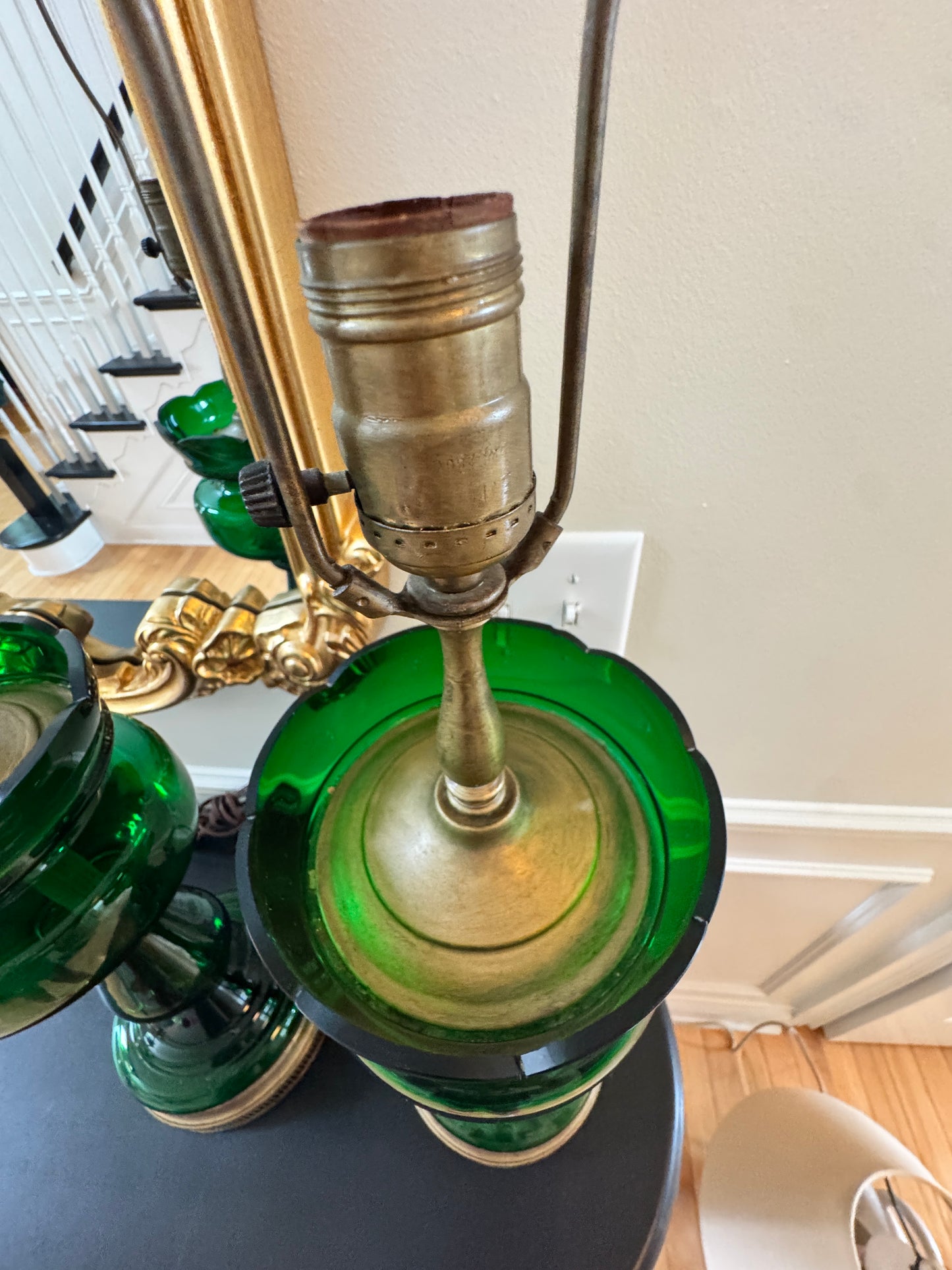 Pair of Vintage Emertald Green Glass Table Lamps with Brass Hardware – 1960s Hollywood Regency Style, 32" Tall